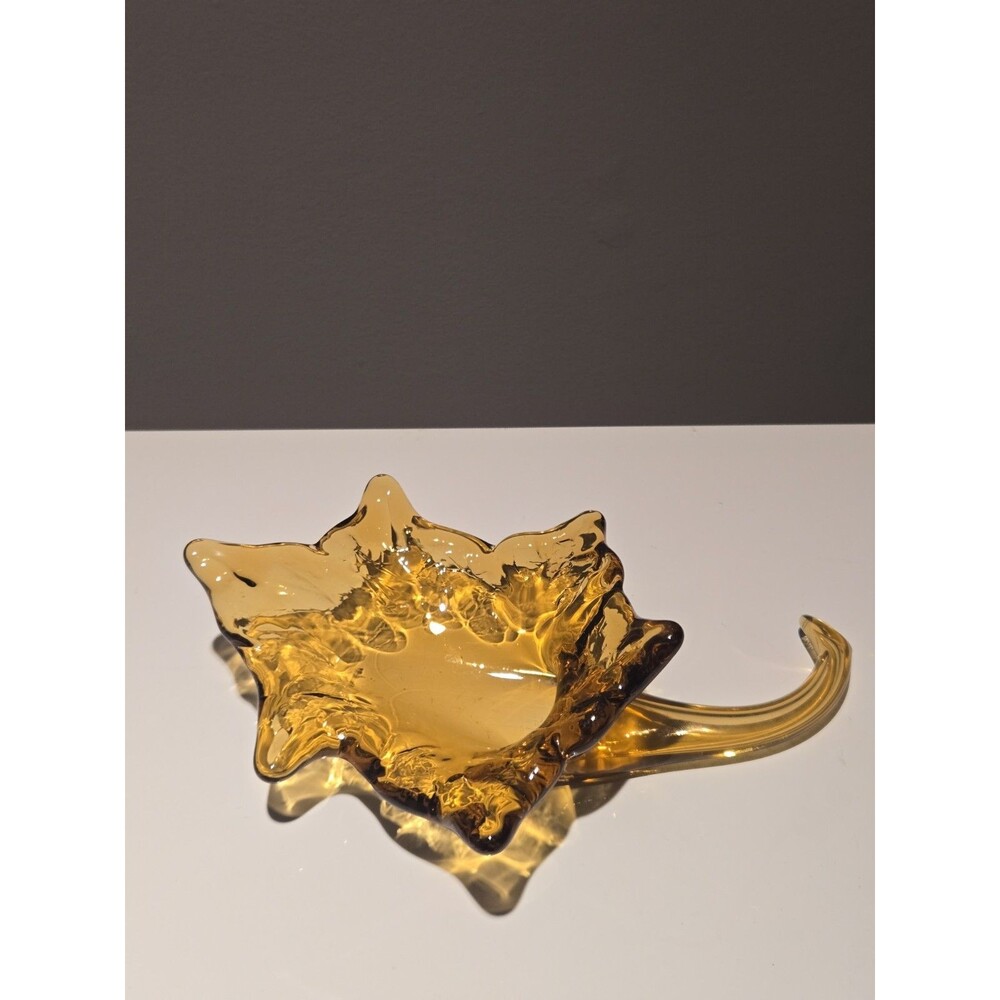 Vintage Amber Art Glass Leaf Dish Curled Stem Handle Trinket Bowl Fall Decor